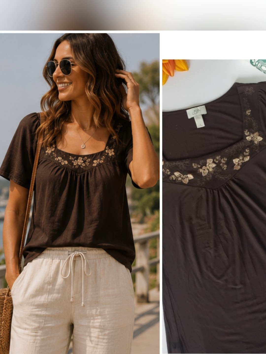 Loft Embroidery Flowers Brown Top